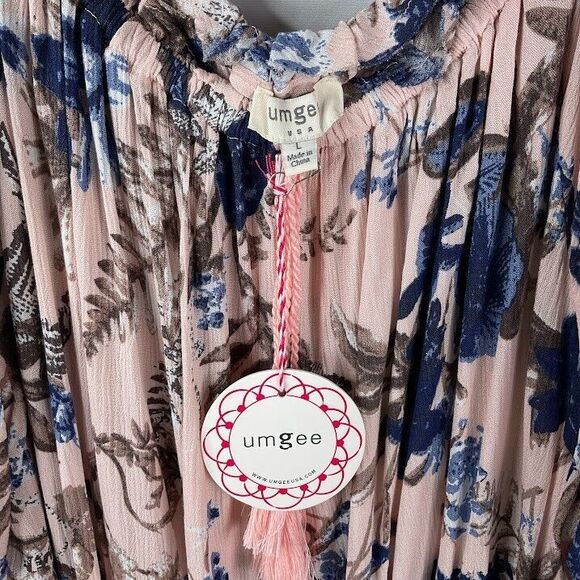 Umgee Floral Bell Flounce Sleeve Tunic Blouse Ruffle Tassel Tie Neck Boho L NWT - Picture 8 of 10